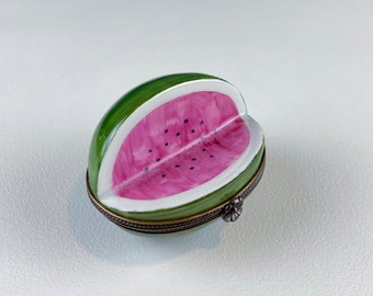 Watermelon Shaped Limoges Box with Flower Clasp. Highly Collectible Porcelain Pill or Trinket Box. Gift for Melon Fan. Gift for Mom.