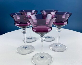 Vintage Crystal Amethyst Champagne Glasses with Clear Stems. Set of 5. Mid Century Modern Barware. Home Table Decor. Fine Dining.