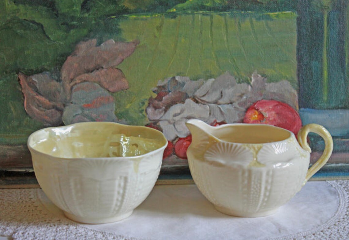Belleek Porcelain Creamer and Sugar Bowl. Belleek Bow Pattern Etsy