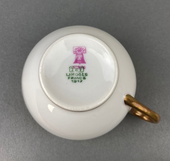 Limogesカップ＆ソーサー4客 ＆ プレート6枚、10点セット Antique Limoges Porcelain Tea Set. Set of Six Wedding Band