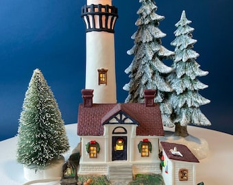 Illuminated Pigeon Point CA Lighthouse by O'Well. Harborside Village. Christmas Village Home or Retail Holiday Seasonal Display. Night Light