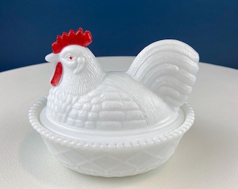 Westmoreland Milk Glass Rooster Covered Bowl, Lidded Farmhouse Dish