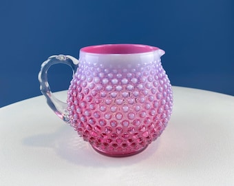 Fenton Pink Glass Pitcher with Hobnail Pattern & Pinched Clear Handle. Water Juice Milk Jug. Flower Vase. Collectible Glass.