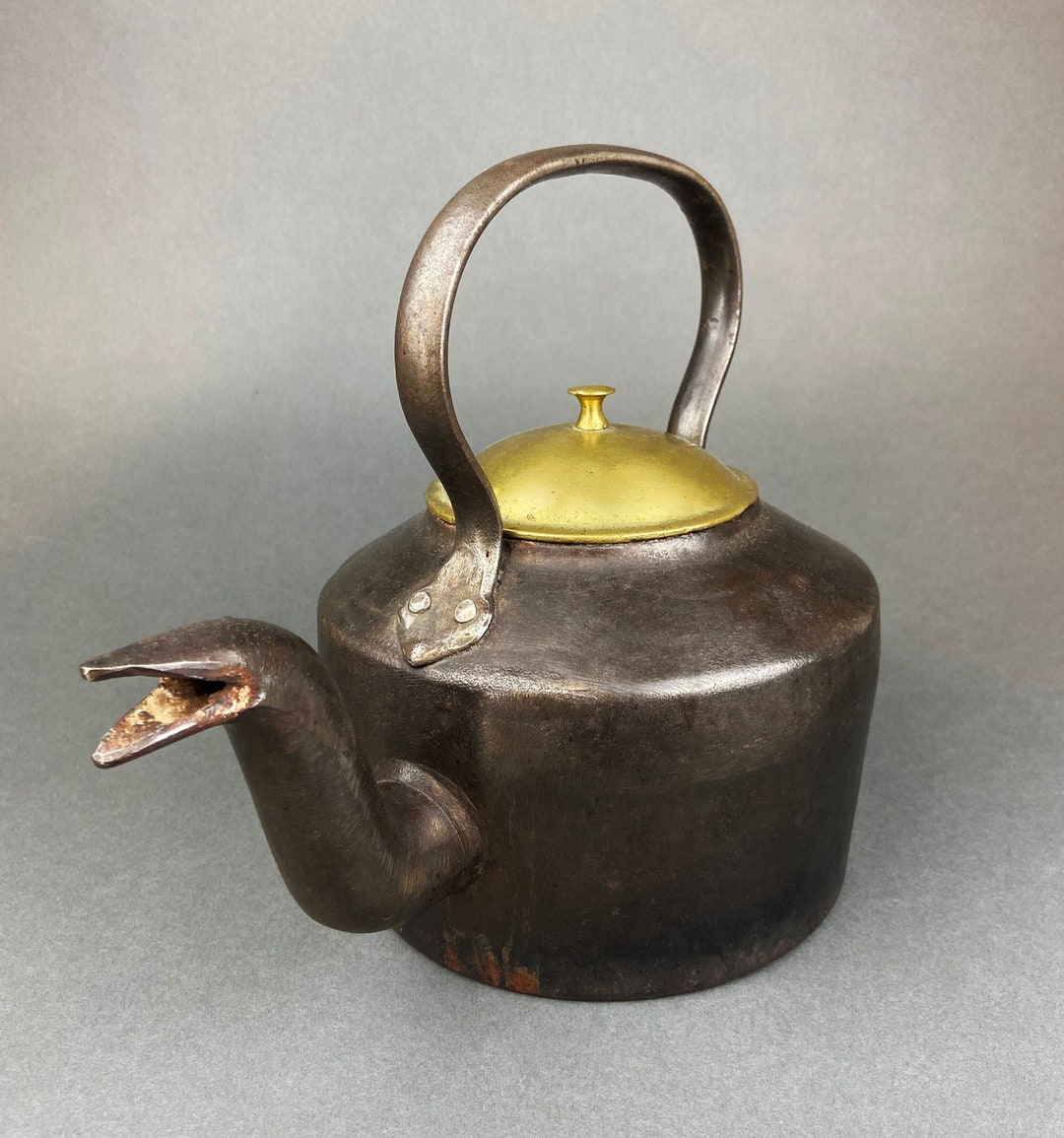 Antique Iron Kettle With Brass Cover. Old English Heavy Etsy