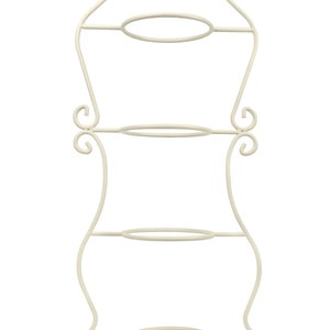 May include: A white metal cake stand with three tiers and ornate scrollwork details. The stand has a decorative top and three legs.
