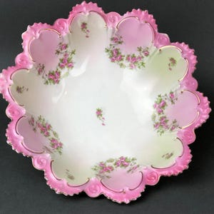 Antique Austrian Hand Painted Serving Bowl Set: Roses, Leaves, Scalloped Edge image 9