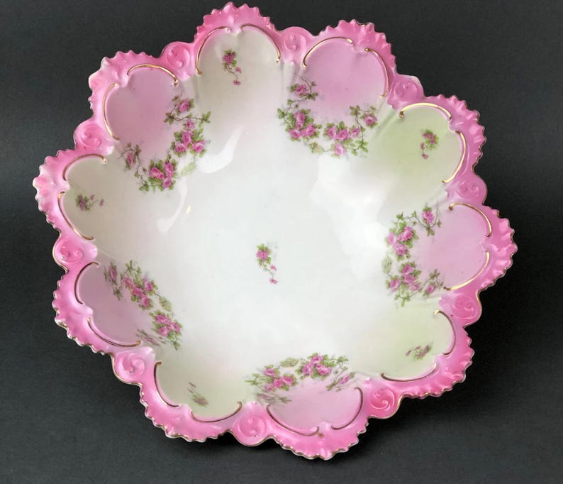 Antique Austrian Hand Painted Serving Bowl Set: Roses, Leaves, Scalloped Edge image 9