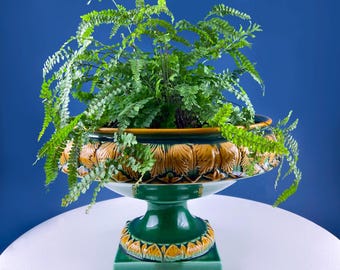 Green Majolica Ceramic Planter: Gold Relief, Art Nouveau Jardiniere, Abigails Italy