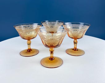 Vintage Fostoria Vesper Amber Pattern. Low Sherbet or Champagne Coupe. Depression Glass. Set of 4. Dining Room Table Decor.