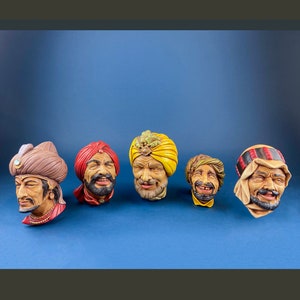 Vintage Chalkware Heads of Men in Turbans. Life Like Caricatures of Ethnic Men. Wall Hangings. Collectible Busts. Man Cave Decor.