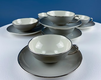 Modern Tea Set of 6. Franciscan Geadding McBean. Birchbark Collection. Gray and Off White with Platinum Trim. Minimal Style.