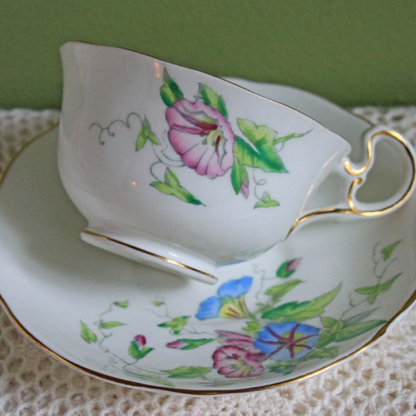 Fenton Cup and Saucer. Hand Painted Tea Set with Morning Glory.  Westbury Radfords, 8525, Fenton Cup Saucer Made in England. Gift for Mother