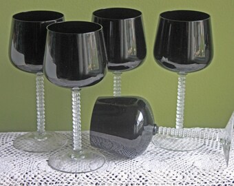 Fostoria Precedence Black Crystal Goblets with Clear Stems, 6108. Set of 5 Glasses.