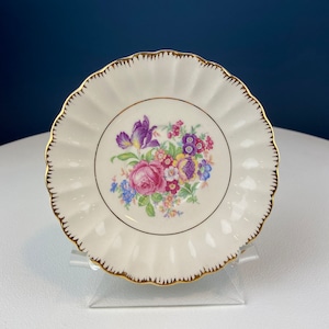 Leigh Ware Floral Dessert Plate: Antique Gold Rim China, USA 1920s