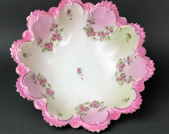 Antique Bowl by M.Z. Austria.   Intricate Hand Decorated European Dish with Tiny Roses and Scalloped Rim.  Pink / White / Gold.