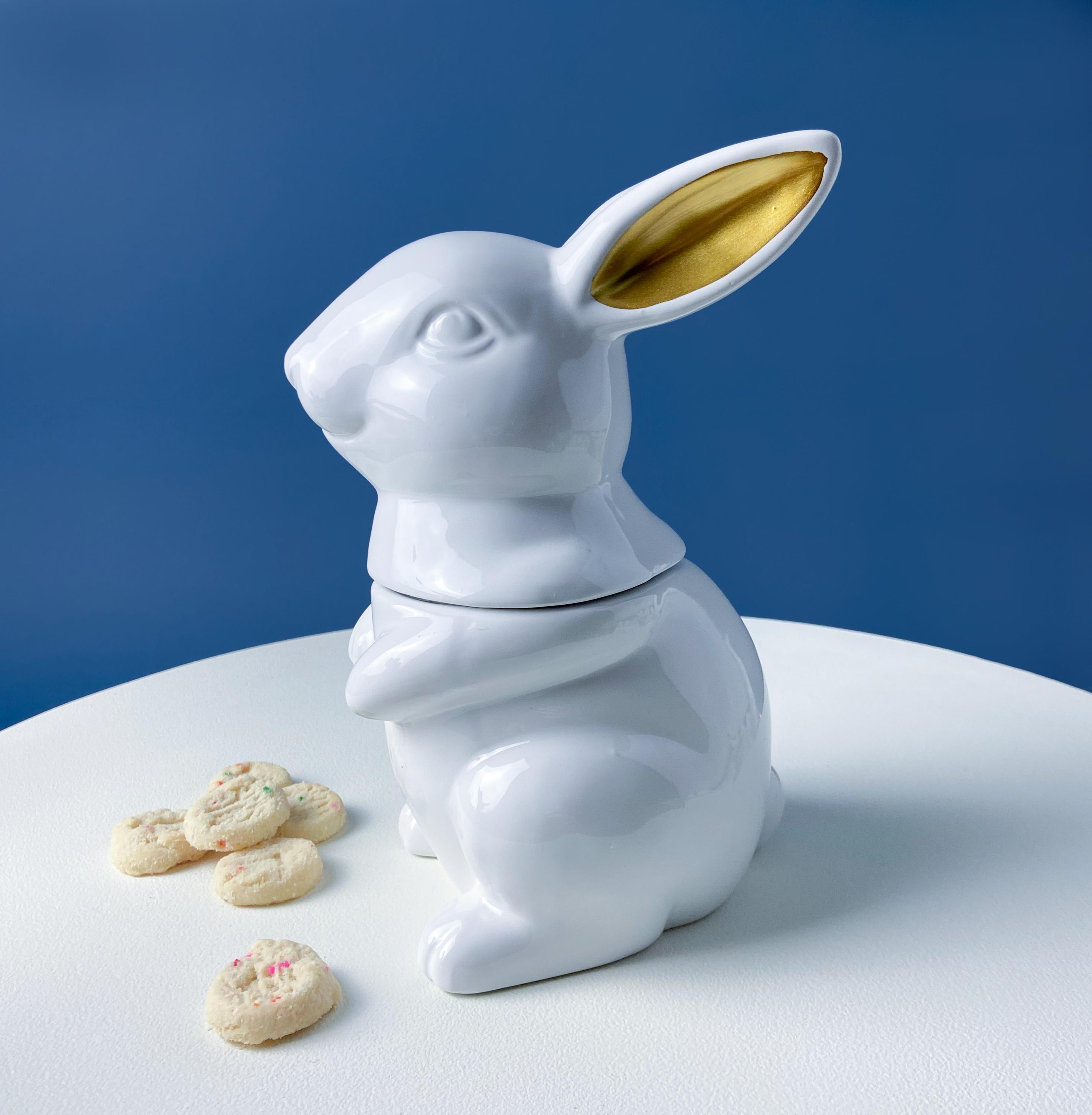White Bunny Cookie Jar. Smiling Rabbit With Gold Ears. Kitchen