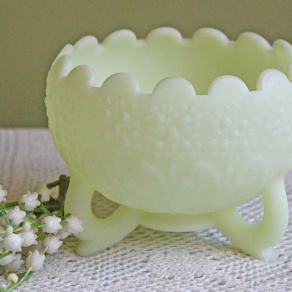 Yellow Milk Glass Bowl by Fenton. Bowl with Reticulated Feet, Scalloped Rim, and Embossed Floral Decor.