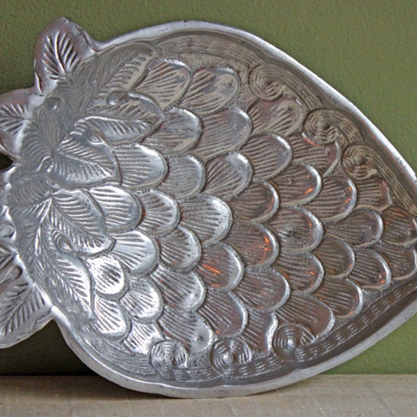 Hand-Wrought Aluminum Plate or Tray in Shape of Pineapple for Serving Food or Wall Decor. Platter Made in India by RH Macy.