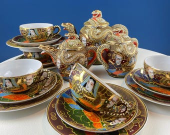 Burleigh ティー・コーヒー・シュガーキャニスターセット Vintage Satsuma Moriage Gold Dragon Tea Set of 4 Japanese