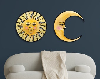 木製の太陽と月の顔の壁掛け、天体保育室の装飾 - Etsy 日本
