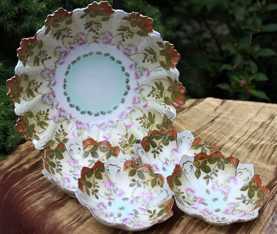 Antique Austrian Hand Painted Serving Bowl Set: Roses, Leaves, Scalloped Edge