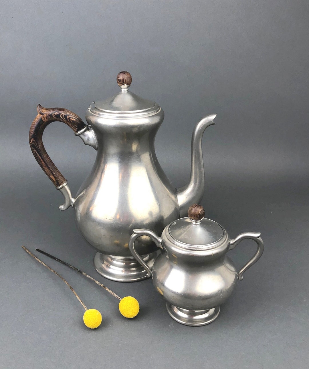 Vintage Pewter Tea Pot / Coffee Pot and Sugar Bowl With Lid, Wooden Handle and Knob. Royal