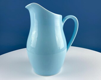 Blue Ceramic Pitcher with White Interior.  Milk Water Jug. Wild Flower Vase. Modern Farmhouse. French Country.