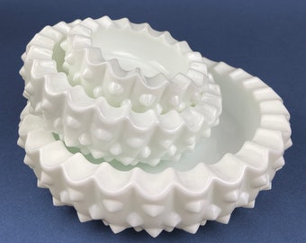 Decorative Ashtrays Vintage Fenton Milk Glass Nesting Ashtrays. Hobnail Bowls with Scalloped Edge. Set of Three. Gift for Him.