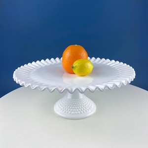 Vintage Hobnail Milk Glass Cake Stand. White 13&quot; Cake Serving Stand with Ruffled Edge. Wedding Birthday Holiday Celebration. Dining Rm Decor