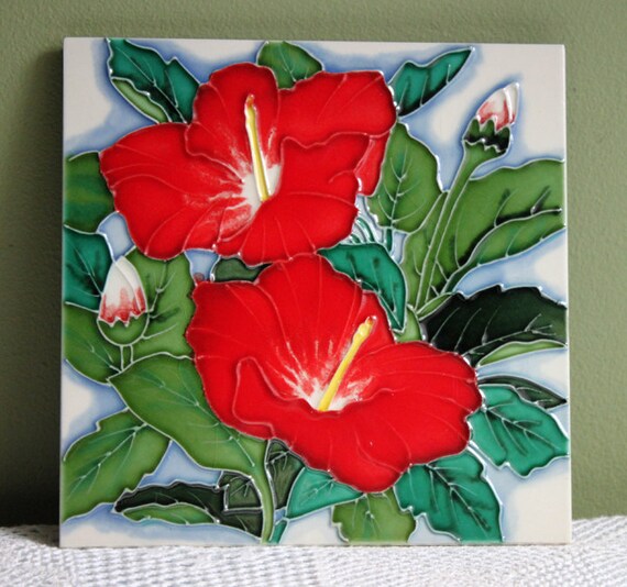 Tile. Tile Hand Decorated with Red Hibiscus. Tile Ready to Etsy