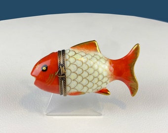 Koi Shape Limoges Box with Sail Boat Clasp. Highly Collectible Porcelain Pill or Trinket Box. Gift for Him, Dad, or Fisherman. Gift for Her.