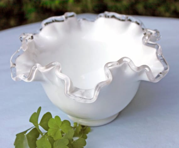 Fenton Silver Crest Milk Glass Bowl. Double Ruffled Scalloped Rim