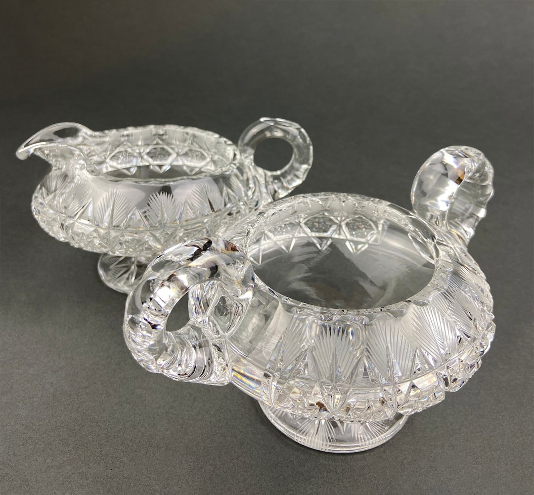 Cut Crystal Creamer and Sugar Bowls. Set of Two Footed Serving Bowls