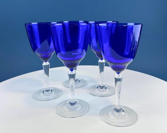 Vintage Crystal Cobalt Blue Wine Goblets with Clear Stems. Modern Barware.  Set of 5. Home Table Decor. Fine Dining.