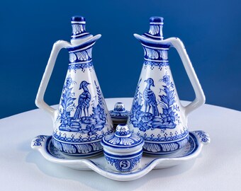 Hand-Painted Oil Vinegar Salt & Pepper Dispenser Cruet with Matching Tray.  White and Blue Coimbra Ceramics. Birds and Nature Motif.