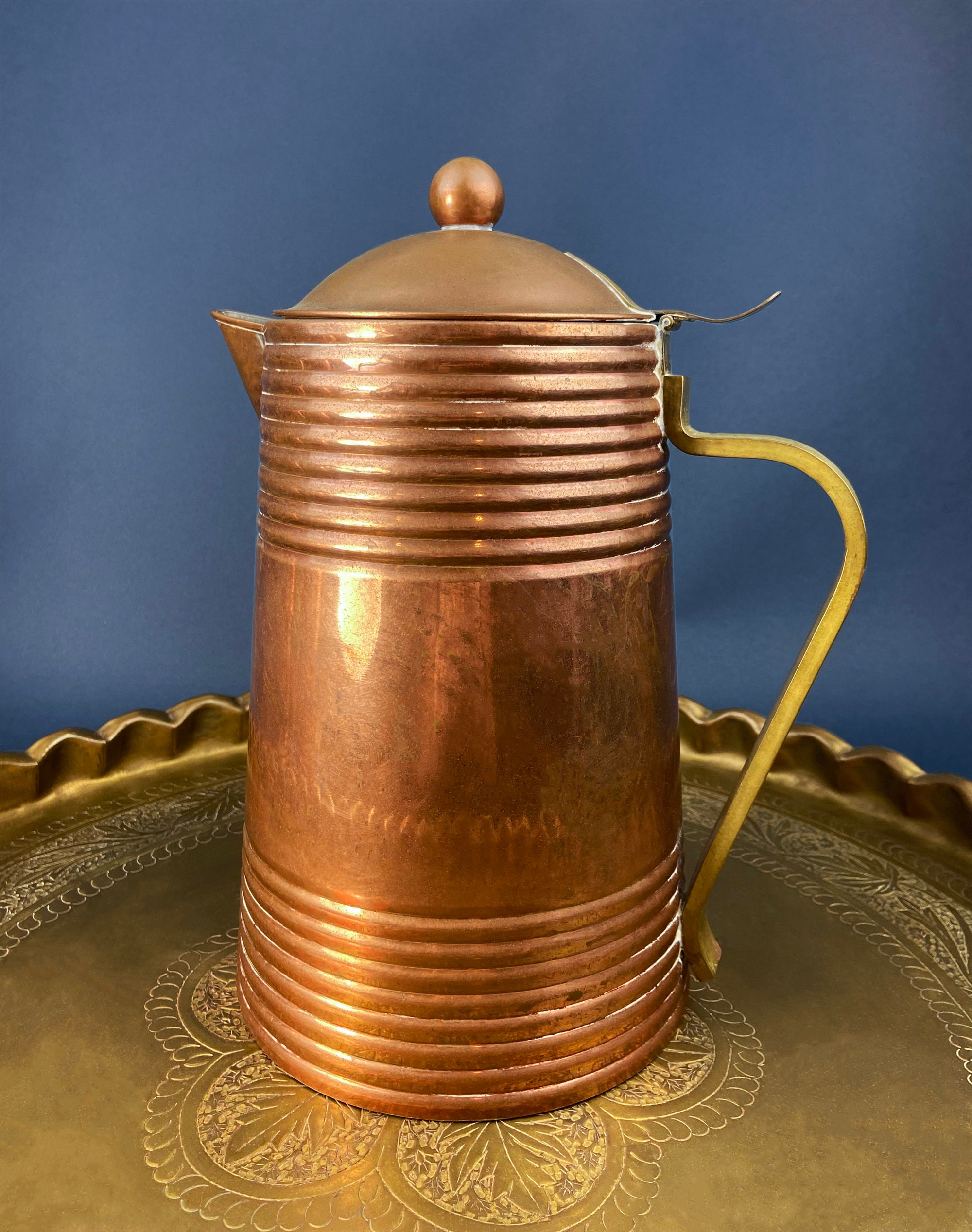 Antique Copper Pitcher and 4 Mugs. Revere Metal Ware, Rome, NY