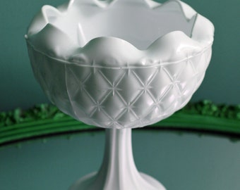 Milk Glass Footed Planter. Bowl with Scolloped Rim and Star Diamond Pattern - Milk Glass Weddings Center Piece