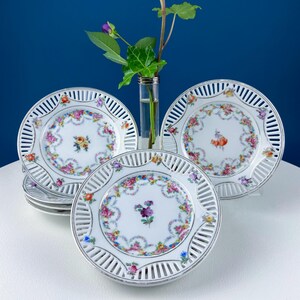 8 Antique Porcelain Reticulated and Hand-Painted Floral Dessert Plates. Lacey 6&quot; Plates with 3 Different Flower Designs. Dining Room Decor.