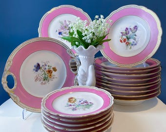 Pink Vieux Paris Porcelain 30 Piece Dish Set Hand Painted Wild Flowers.  Modern Farmhouse. Dining Room Table Decor. Garden Tea Party