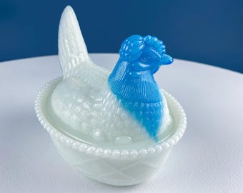 Vintage Westmoreland Glass Nesting Hen Butter Serving Dish. White with Blue Head. Modern Farmhouse. Collectible.