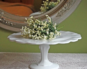 Milk Glass Footed White Cake Stand with Tear Drop Pattern and Scalloped Rim