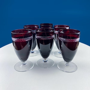 Vintage Ruby Red Bohemian Crystal Wine Water Goblets. Red to Clear with Engraved Laurel Wreath Band.  Set of Six Stemware. Dining Room Decor