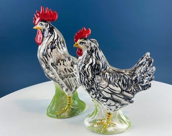 Vintage Chalkware Rooster & Hen. Black White Hand Painted  Pair of Bird Figurines. Collectible Statuettes. Modern Country.