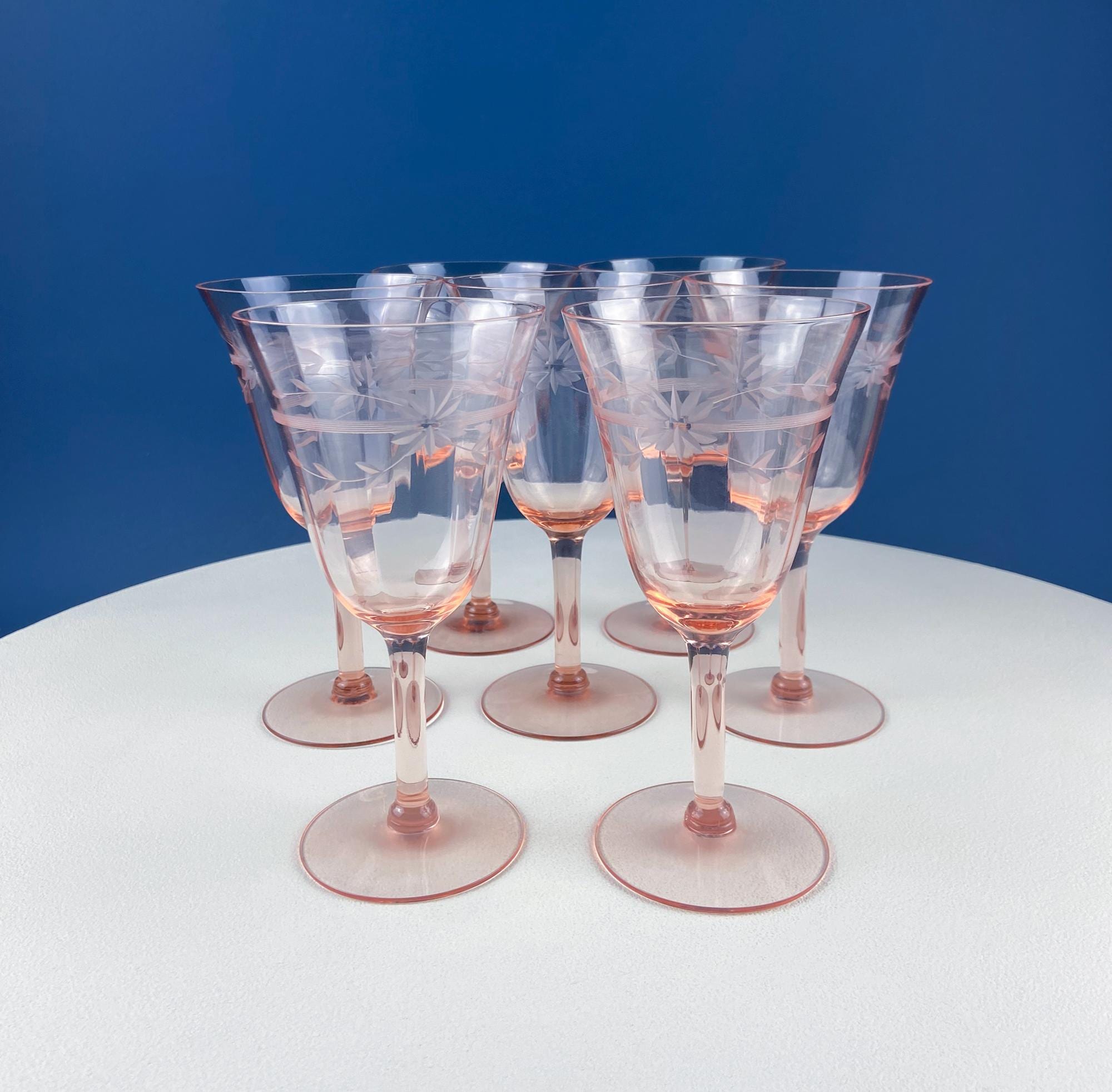 Vintage Pink Peach Depression Glass Wine Glasses. Set of 7