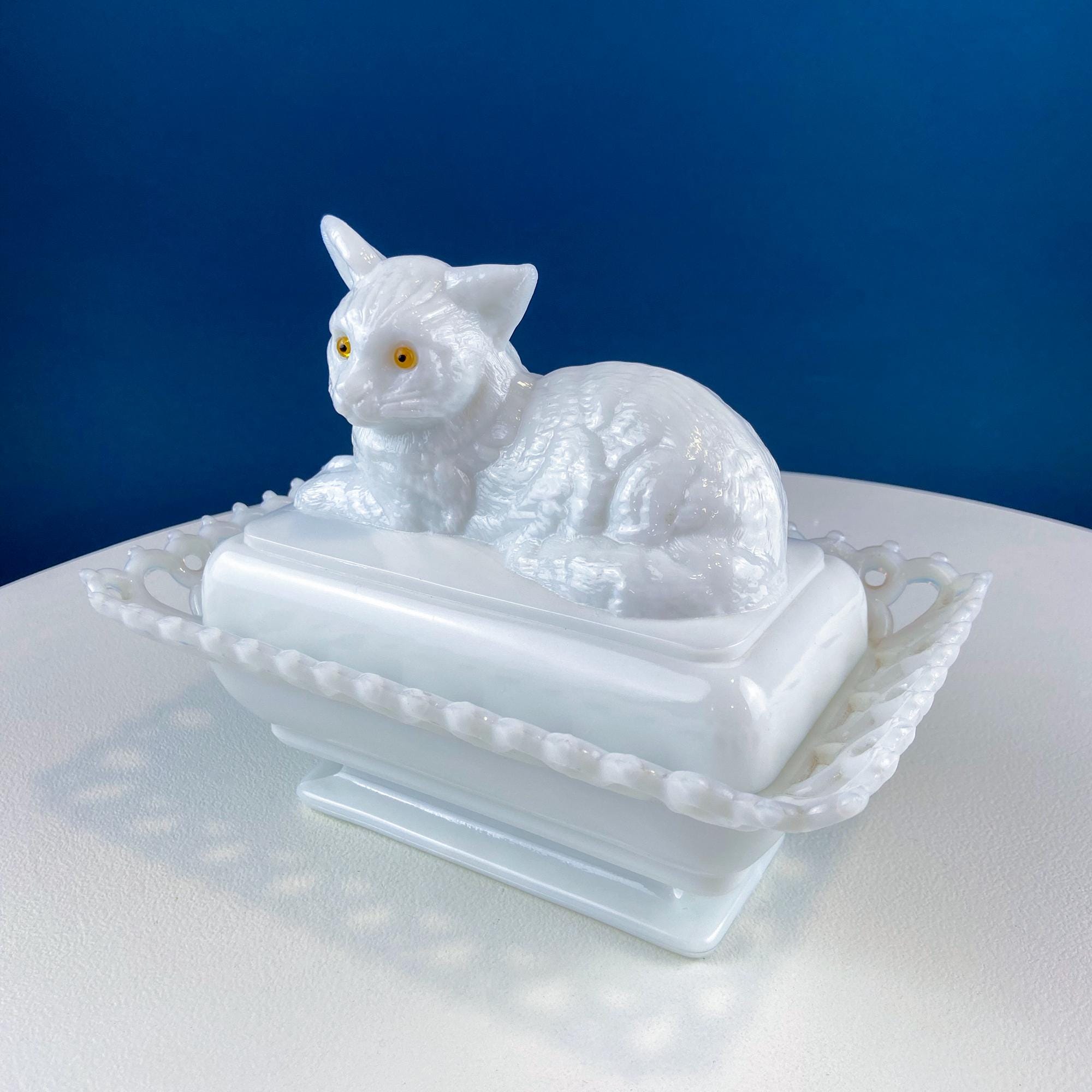 Vintage Westmoreland Milk Glass Cat Covered Dish, Lacey Edge