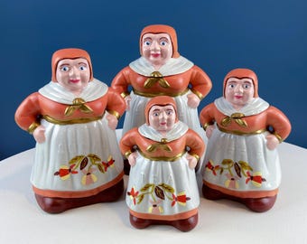 Vintage Ceramic Canisters or Jars. Hand-Painted Dutch Women Floral Aprons. Set of 4. Kitchen Decor.