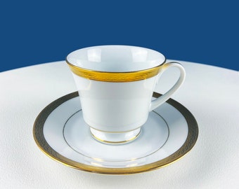 Contemporary Noritake White Cup and Saucer with Gold Rim. Classic Wedding Band China. Queen's Gold. Dining Room Decor. Minimal Design.