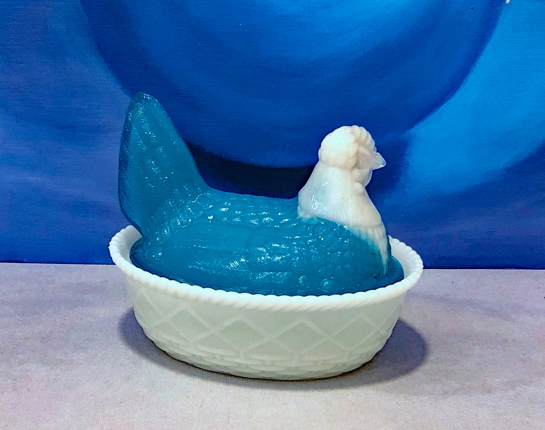Blue and White Glass Hen in a Basket. Milk Glass Chicken Sitting in a