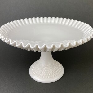 Milk Glass Hobnail Footed Bowl. Large Serving Dish with Ruffled Edge. White Table Setting. Holiday Celebration.