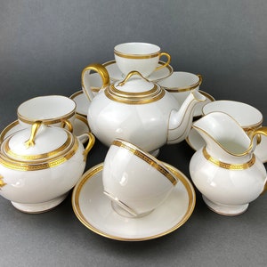 Antique Limoges Porcelain Tea Set. Set of Six Wedding Band Cups and Saucers, Teapot, Creamer and Sugar Bowl.  Haviland, France.